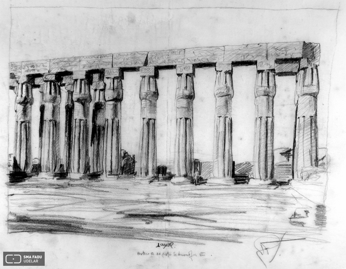Templo de Luxor, Patio de Amenofis III (Egipto). Croquis de Fresnedo Siri, R., realizado en el viaje de estudios (1936). Técnica: Lápiz carbonilla.