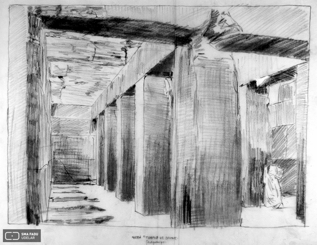 Templo de la Esfinge (Egipto). Croquis de Fresnedo Siri, R., realizado en el viaje de estudios (1936). Técnica: Lápiz carbonilla.