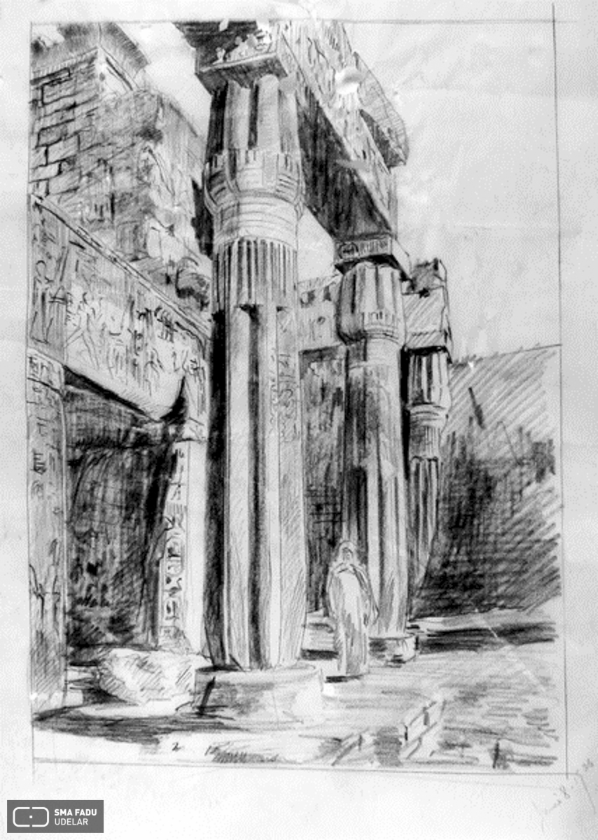 Templo de Luxor (Egipto).Croquis de Fresnedo Siri, R., realizado en el viaje de estudios (1936). Técnica: Lápiz carbonilla