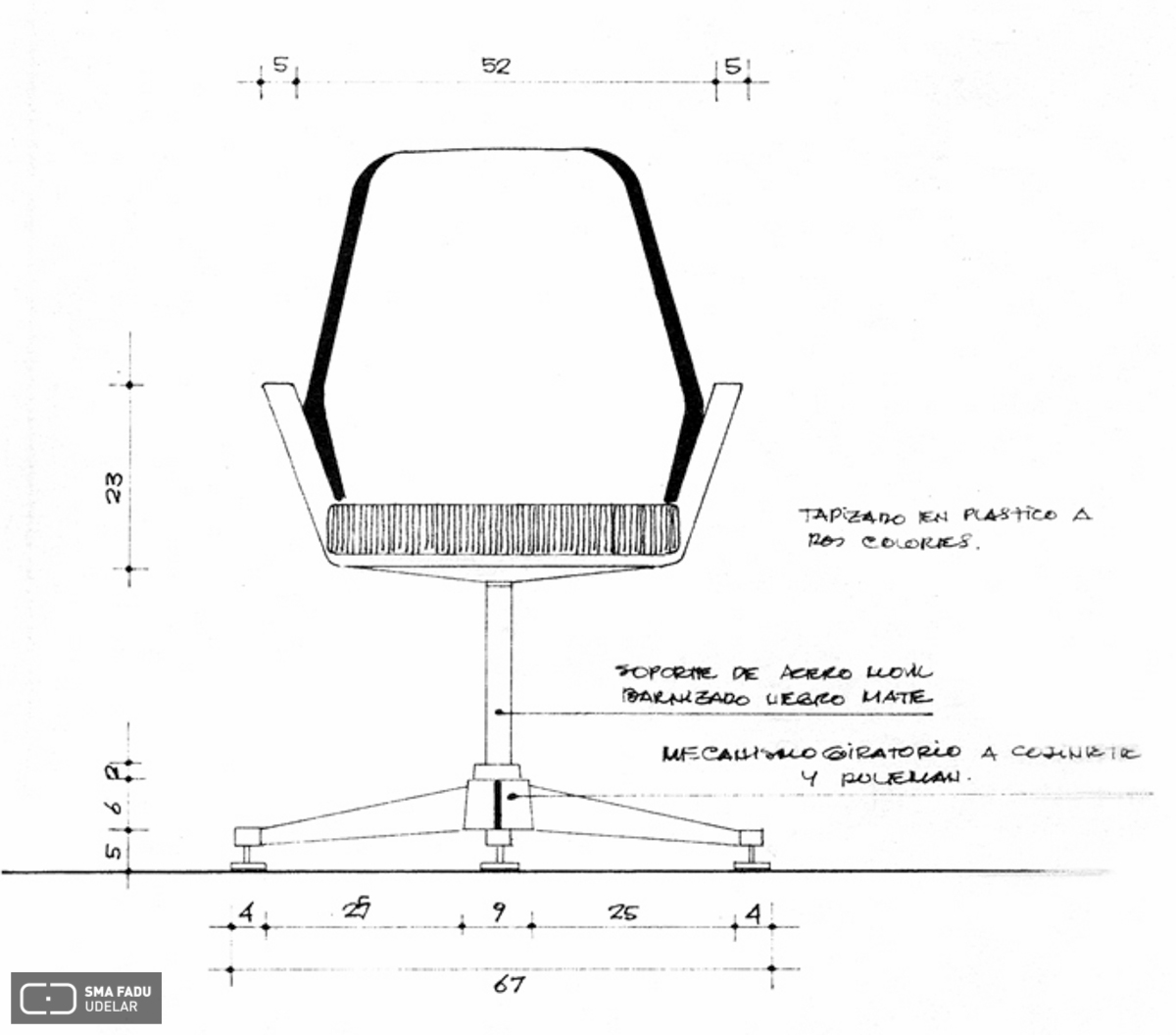 Diseño de butaca para edificio Varig. Alzado frontal acotado de Fresnedo Siri, R.