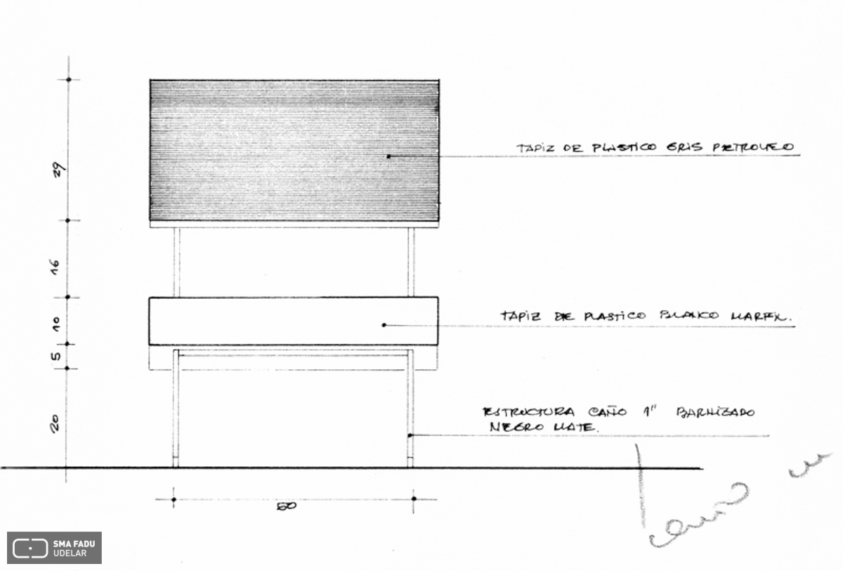 Diseño de sillón para edificio Varig. Alzado frontal acotado de Fresnedo Siri, R.