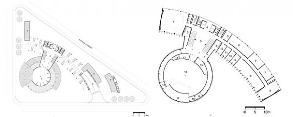 1- Hall 2- Hall escaleras mecánicas 3- Baños 4- Hall ascensores 5- Estacionamiento 6- Rampa de acceso al subsuelo 7- Espejos de agua  Fig 11: Planta baja.  1- Sala do comité A 2- Escalera protegida 3- Baños  4- Hall de ascensores 5- Hall escaleras mecánicas 6- Sala dos escritos 7- Sala 8- Sala do comité B 9- Acervo 10- Delegado 11-Relator 12- Presidente 13- Prensa 14- Despensa 15- Vestuario 16- Sala de conferencias 17- Delegados 18- Sala de apoyo