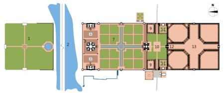 Fig 01: 1- Jardín Luz de Luna, 2- Río Yamuna, 3 – Minaretes, 4 – Mausoleo, 5 – Mezquita, 6 – Jabaz, 7 - Charbagh (jardines), 8 - Darwaza (fuerte de acceso), 9 – Patios externos, 10 – Explanada de acceso principal, 11 – Tumbas secundarias, 12 – Puerta de acceso principal, 13 – Taj Ganji (bazar). (http://upload.wikimedia.org)