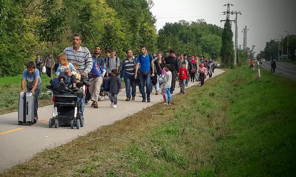 Foto2: “La última humillación en su paso por Hungría: caminar 6 km junto a la carretera q lleva a la frontera” Principia Marsupia @pmarsupia 15 de septiembre de 2015 