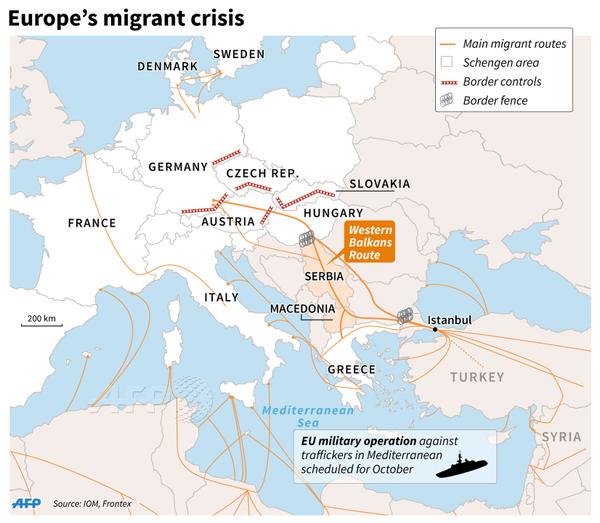 Foto3: “Así están ahora mismo los controles de frontera, las vallas y las principales rutas de los refugiados” (vía @AFP) Principia Marsupia @pmarsupia 15 de septiembre de 2015