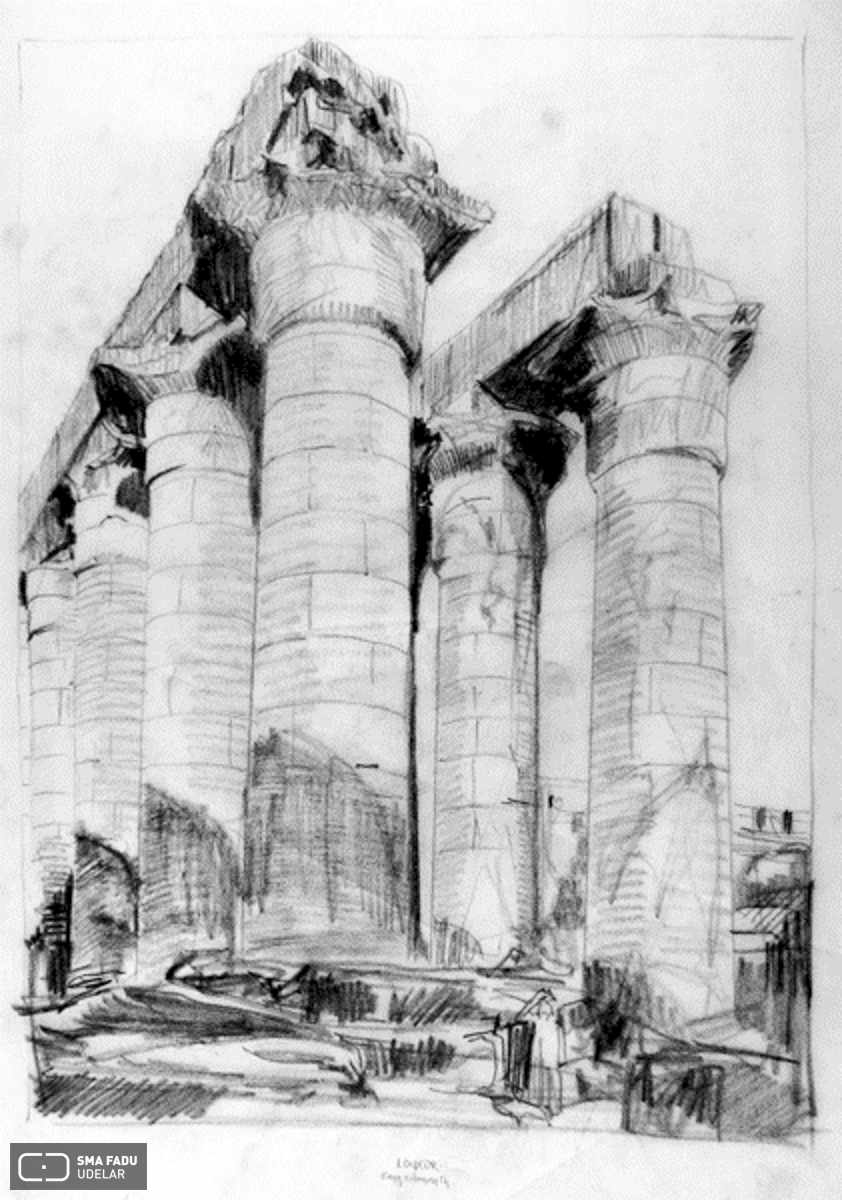 Templo de Luxor (Egipto).Croquis de Fresnedo Siri, R., realizado en el viaje de estudios (1936). Técnica: Lápiz carbonilla