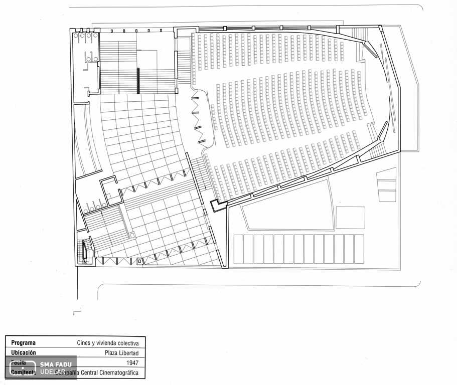 Cines Plaza y Central, arq. LORENTE ESCUDERO, R. , Centro, Montevideo, Uy. 1947. Origen: Libro Lorente Escudero. Editorial Agua;m.