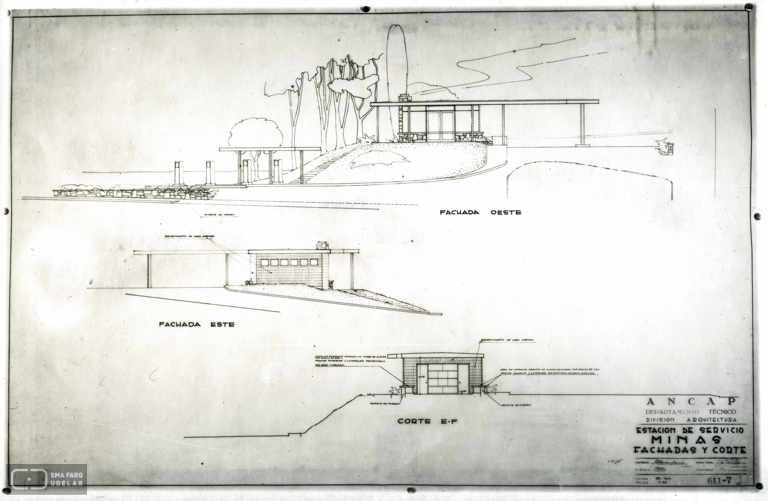 Estación de Servicio Minas ANCAP, arq. LORENTE ESCUDERO, R. , Minas, Lavalleja, Uy. 1950. Foto: Archivo SMA, Donación Archivo personal del autor.