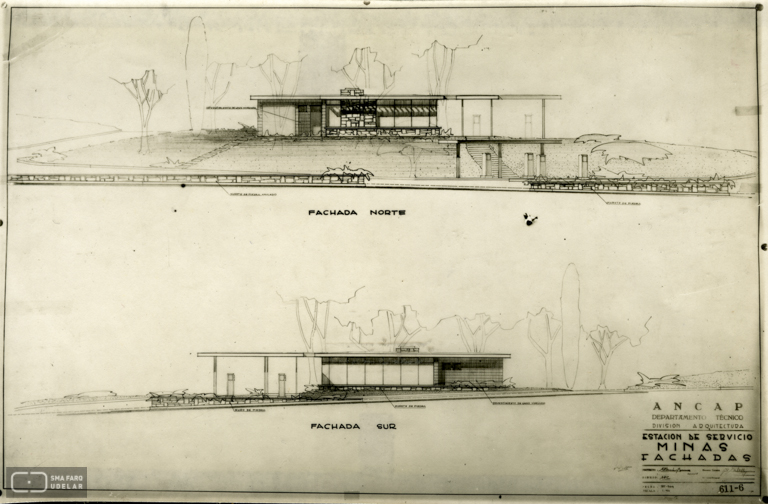 Estación de Servicio Minas ANCAP, arq. LORENTE ESCUDERO, R. , Minas, Lavalleja, Uy. 1950. Foto: Archivo SMA, Donación Archivo personal del autor.