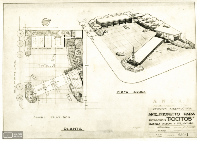 Estación de Servicio Rambla y Solano Antuña ANCAP, arq. LORENTE ESCUDERO, R. , Montevideo, Uy. 1949. Foto: Archivo SMA Donación Archivo personal del autor. Actualmente Demolido.