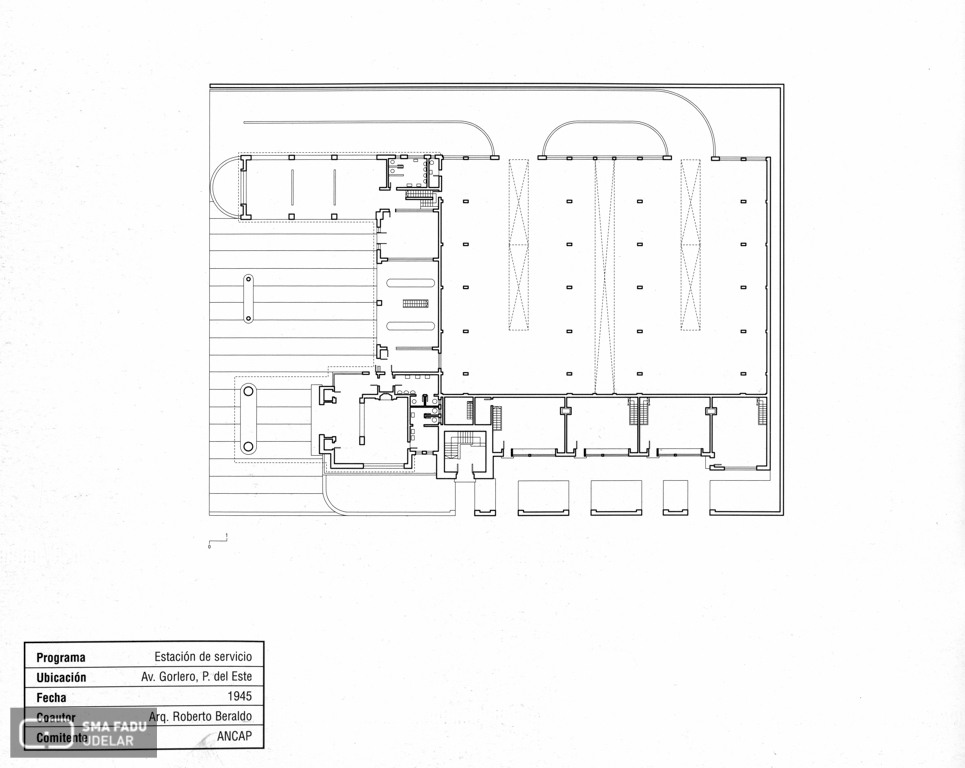 Estación de Servicio Gorlero ANCAP, arq. LORENTE ESCUDERO, R. , Punta del Este, Maldonado, Uy. 1945. Origen: Libro Lorente Escudero. Editorial Agua;m.