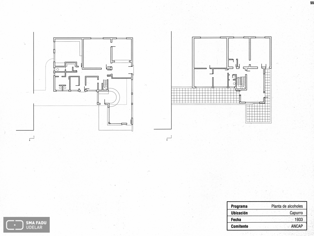 Planta de Alcoholes, arq. LORENTE ESCUDERO, R. , Capurro, Montevideo, Uy. 1933. Origen: Libro Lorente Escudero. Editorial Agua;m.