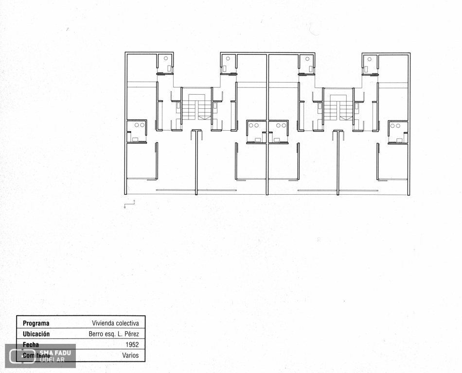 Vivienda de Apartamentos Berro, arq. LORENTE ESCUDERO, R. , Montevideo, Uy. 1952. Origen: Libro Lorente Escudero. Editorial Agua;m.